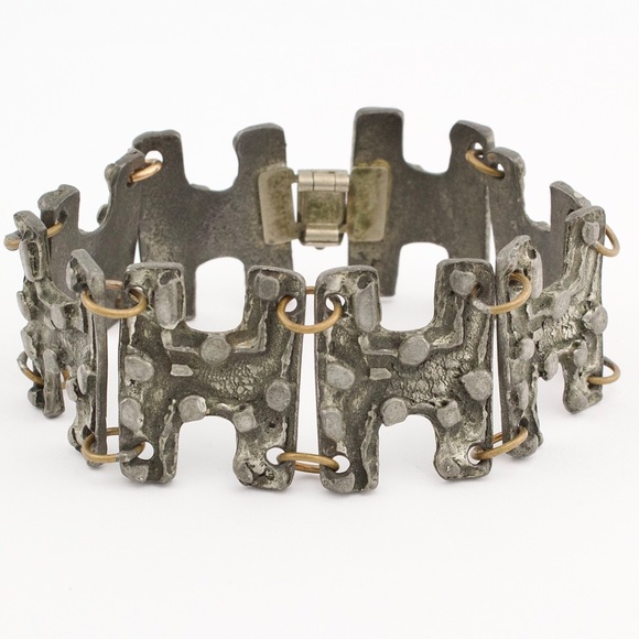 Vintage Robert Larin Pewter Panel Link Bracelet Brutalist Modernist Style 1960s - Picture 1 of 5